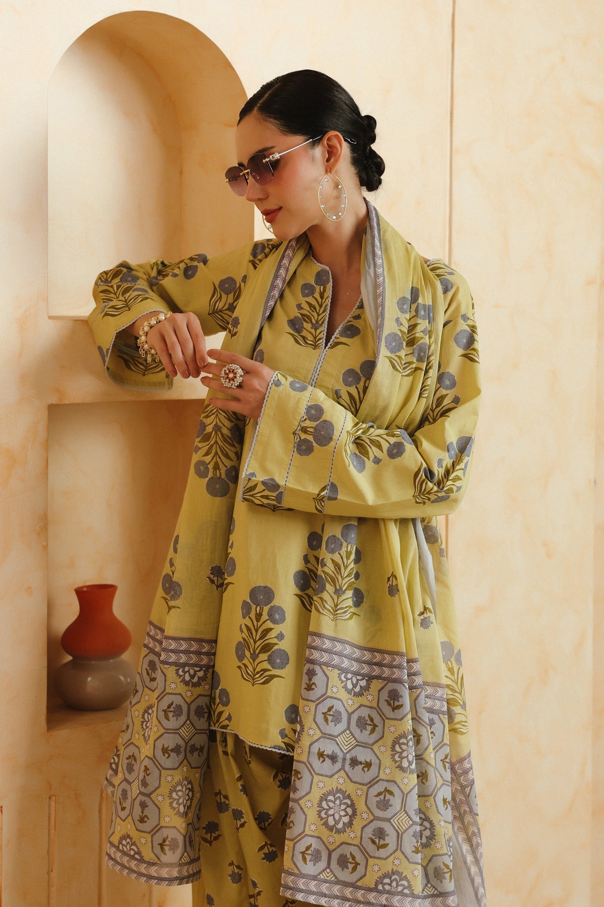 Yellow Printed Cotton Farshi Kurta, Salwar & Dupatta Set