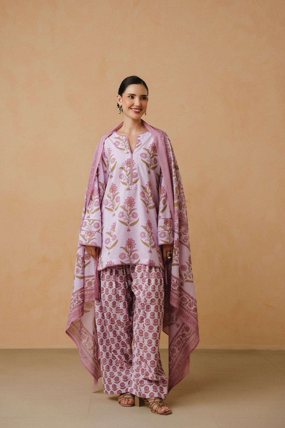 Lavender Printed Cotton Farshi Kurta, Salwar & Dupatta Set