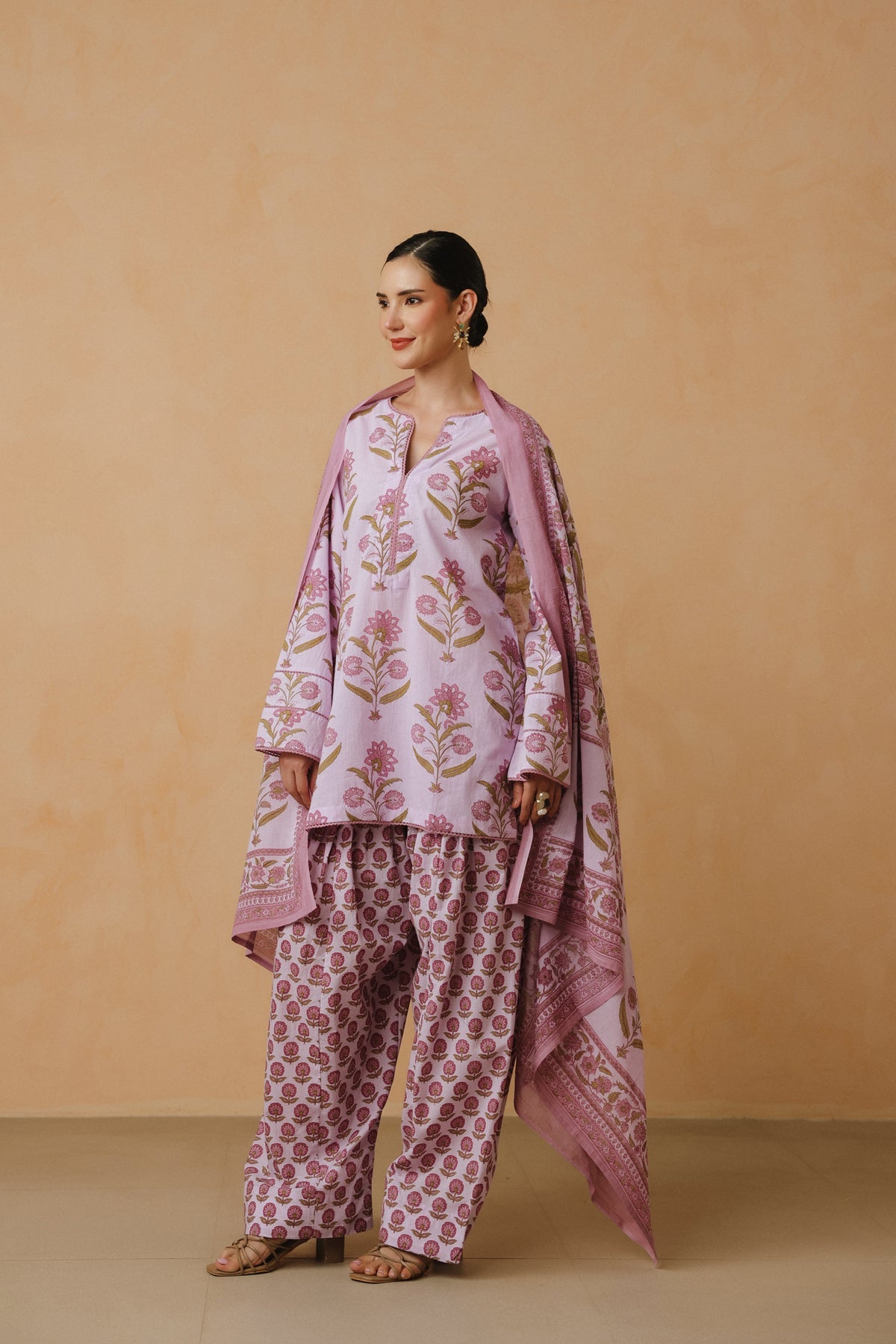 Lavender Printed Cotton Farshi Kurta, Salwar & Dupatta Set