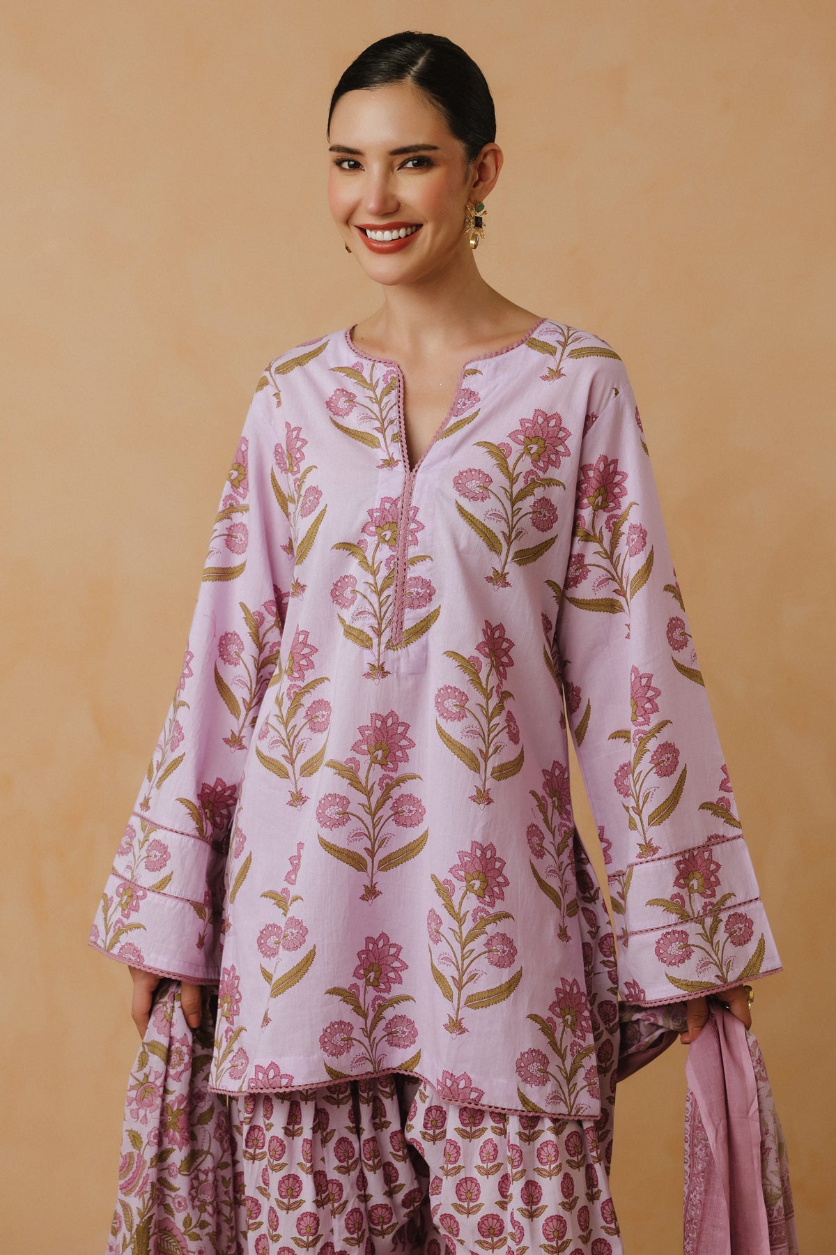 Lavender Printed Cotton Farshi Kurta, Salwar & Dupatta Set