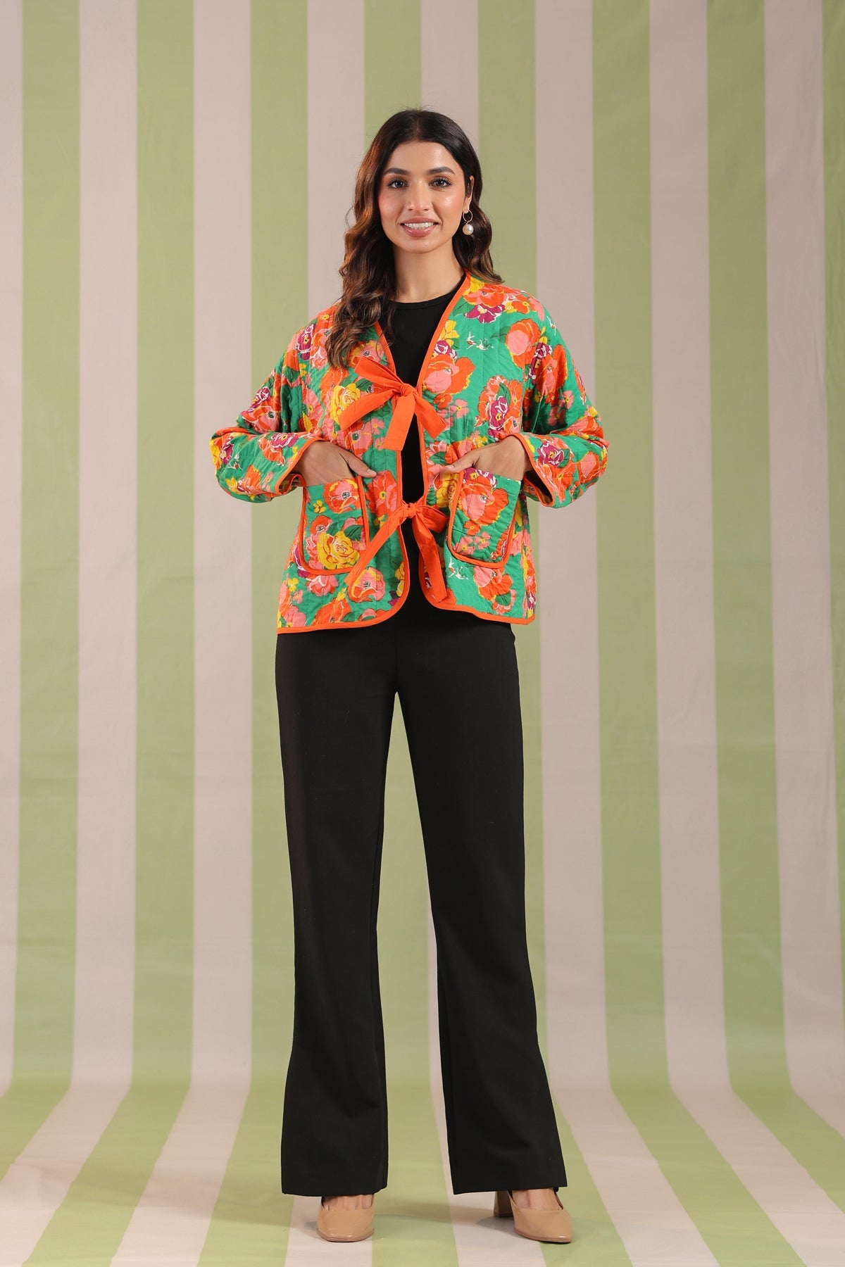 Green Floral Printed Free-Size Quilted Cotton Jacket