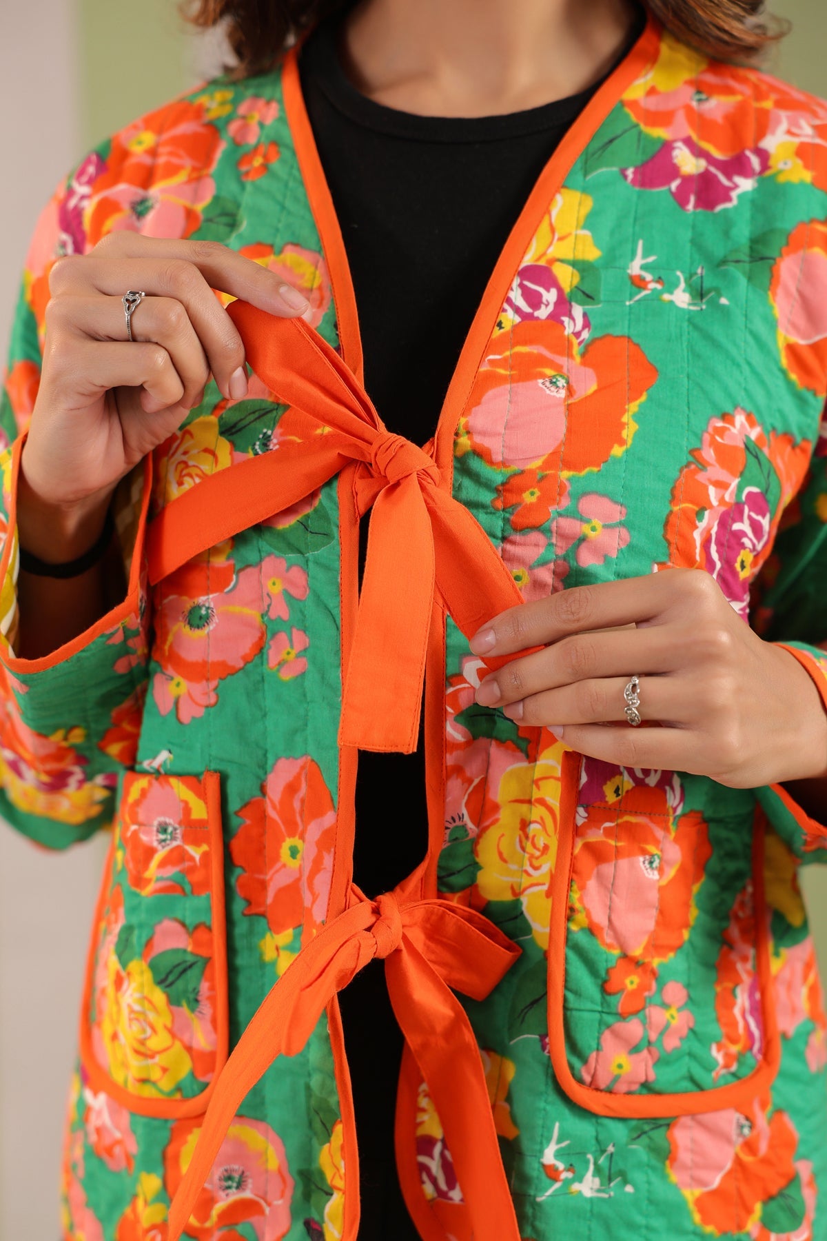 Green Floral Printed Free-Size Quilted Cotton Jacket