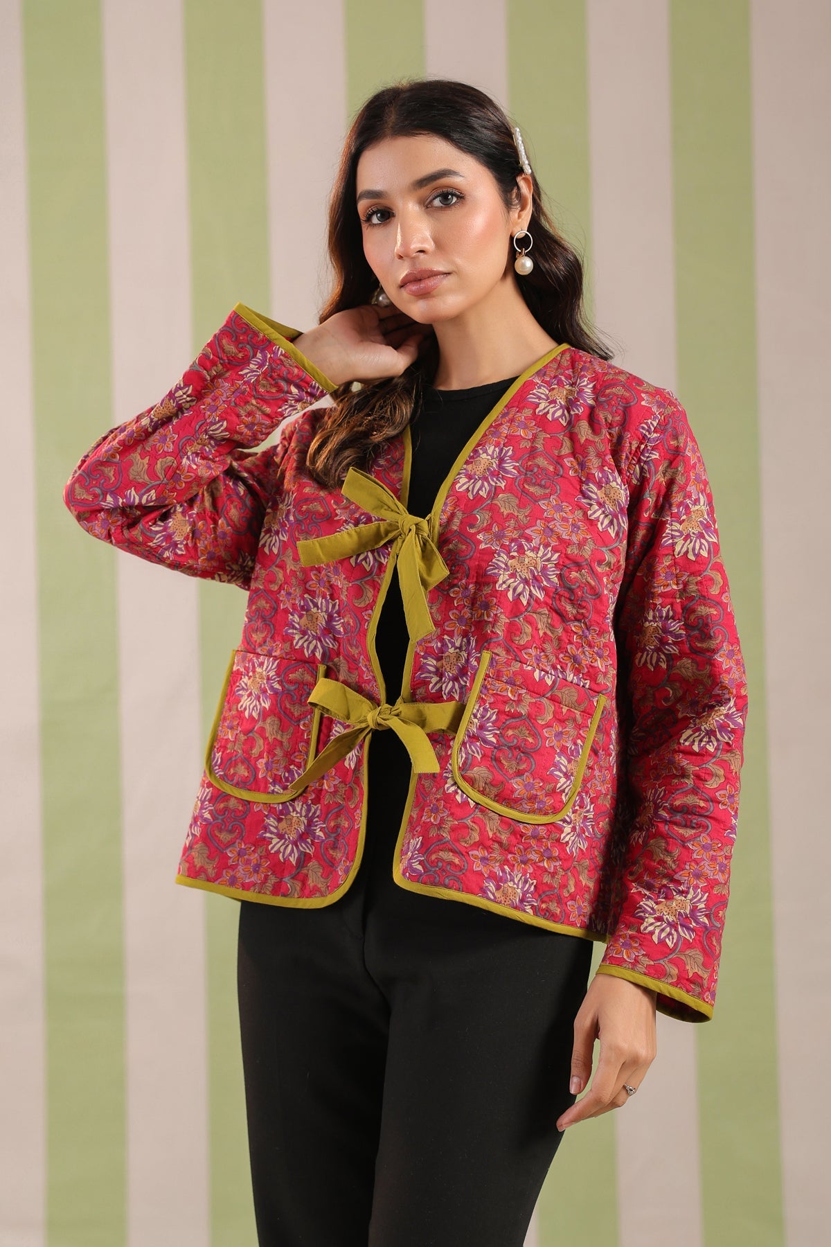 Pink Floral Printed Free-Size Quilted Cotton Jacket