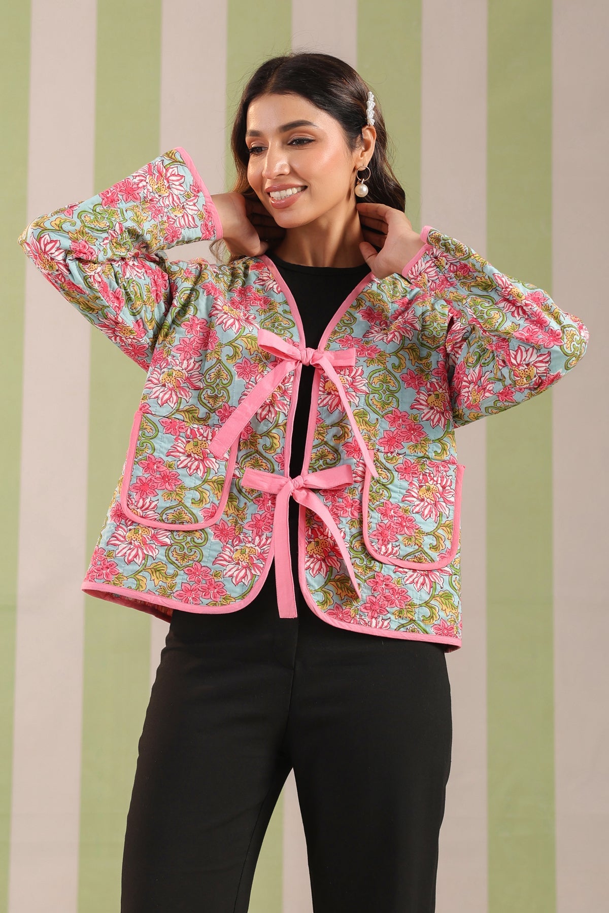 Ice-Blue Printed Free-Size Quilted Cotton Jacket