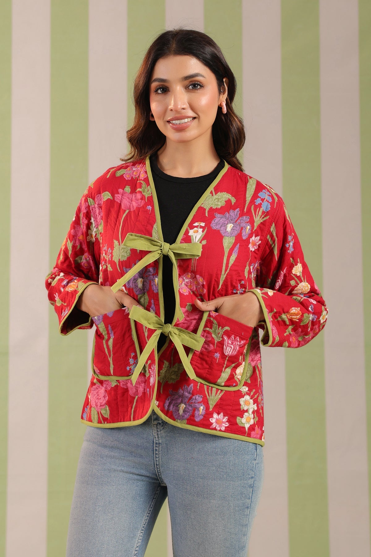 Christmas Red Printed Free-Size Quilted Cotton Jacket