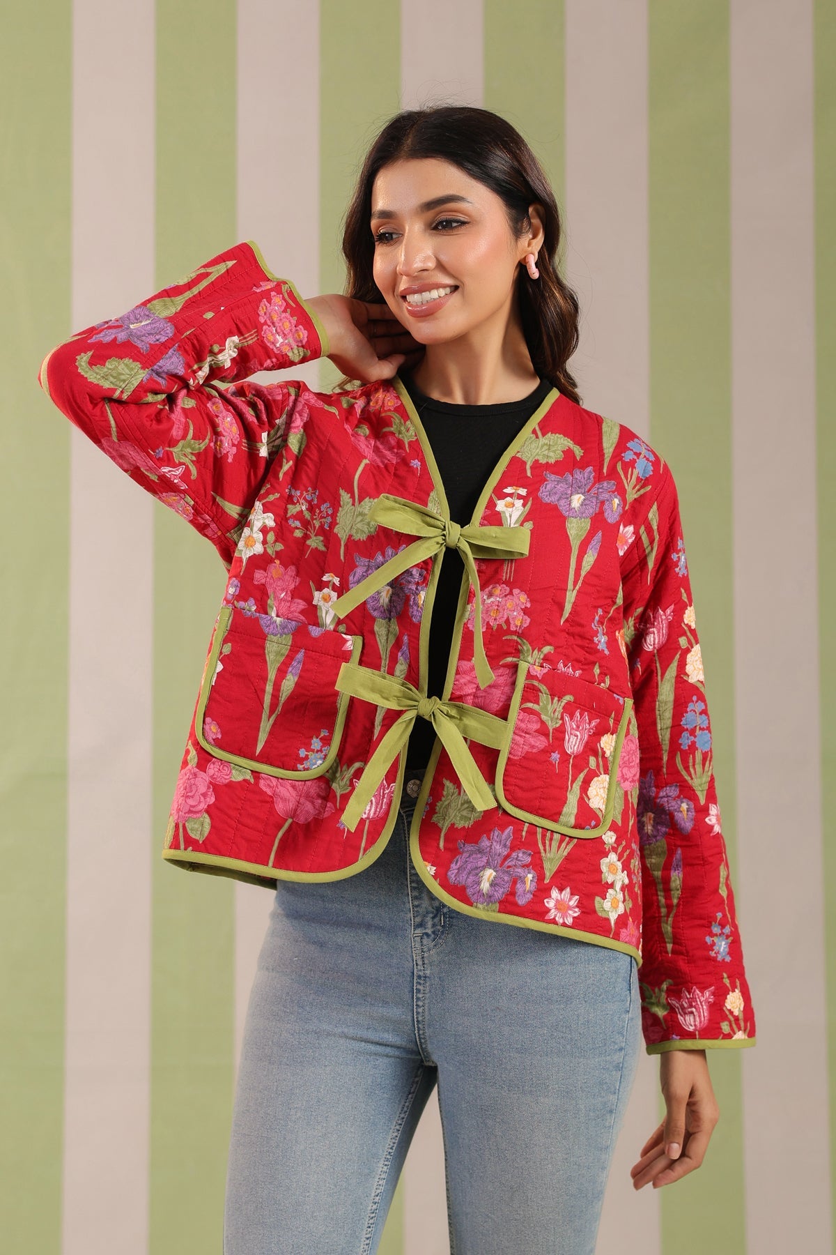 Christmas Red Printed Free-Size Quilted Cotton Jacket