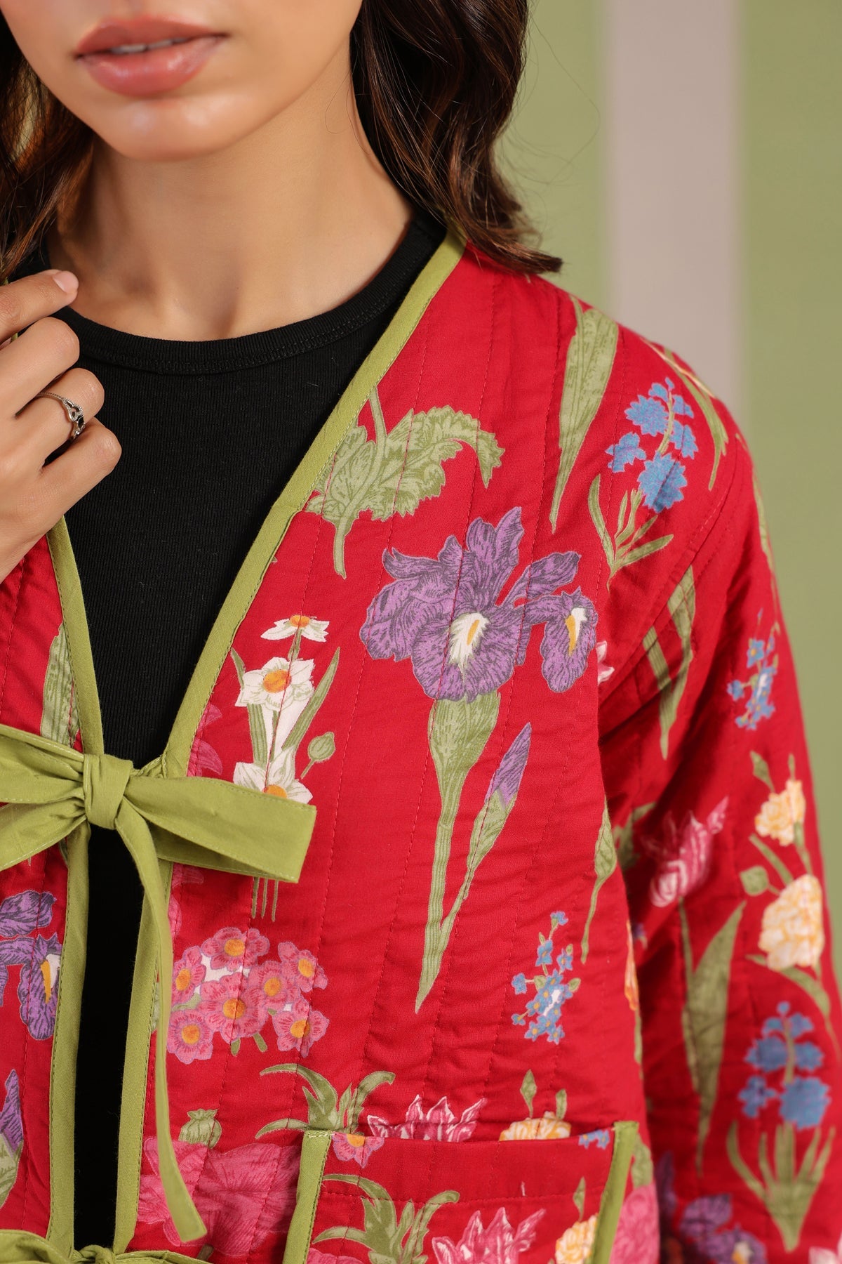 Christmas Red Printed Free-Size Quilted Cotton Jacket