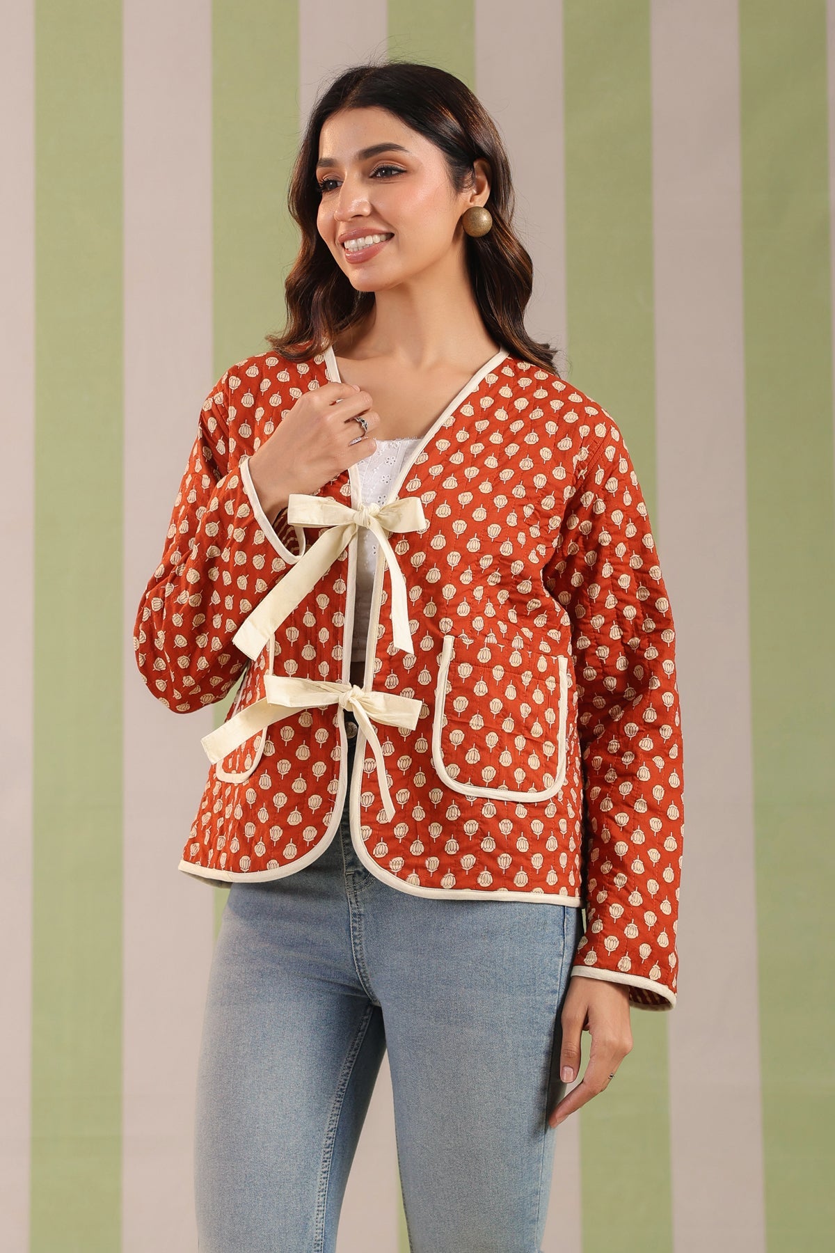 Mustard Booti Printed Free-Size Quilted Cotton Jacket