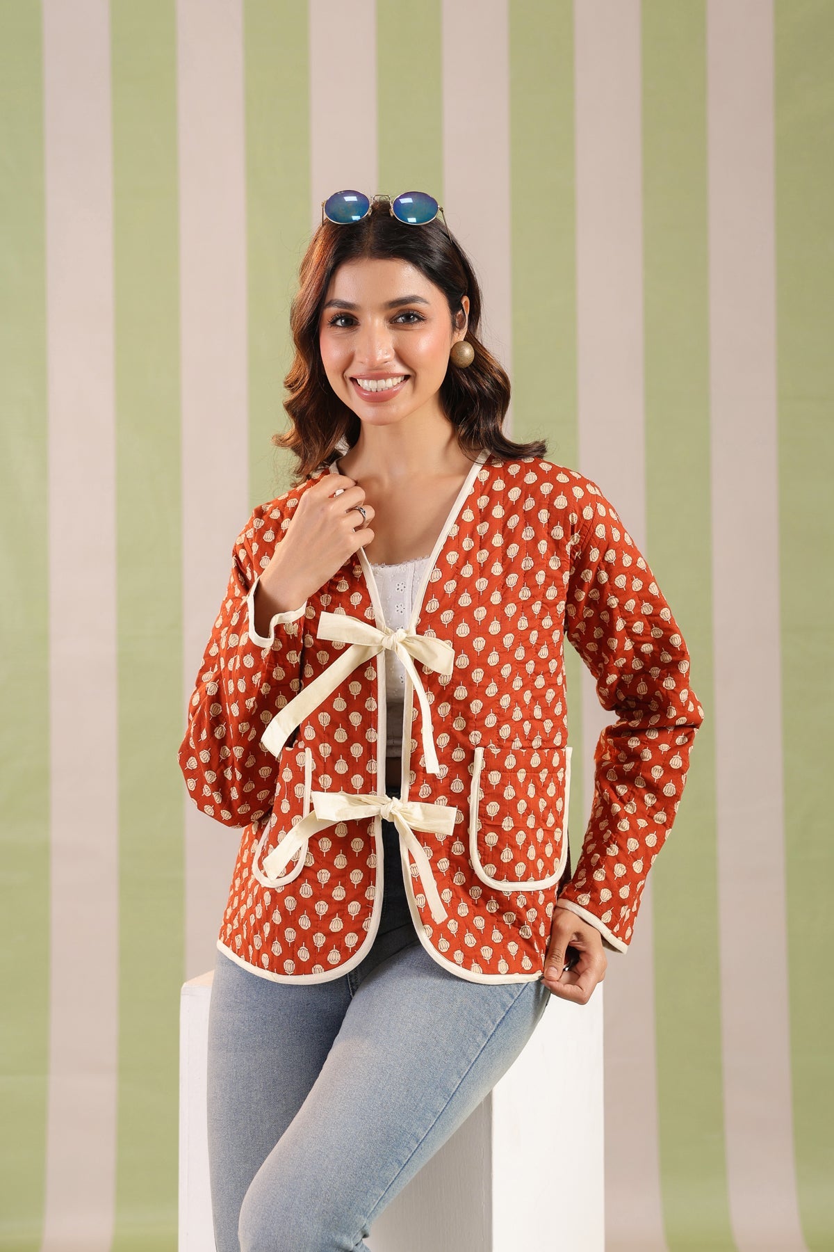 Mustard Booti Printed Free-Size Quilted Cotton Jacket