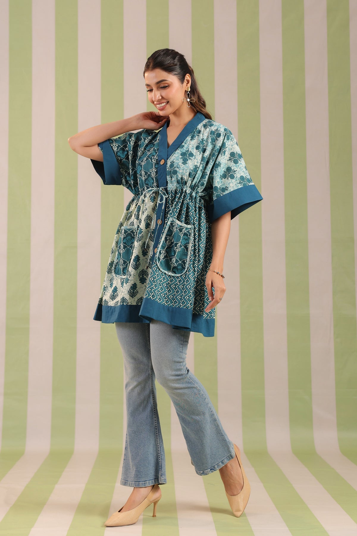 Teal Printed One Size Kaftan Top