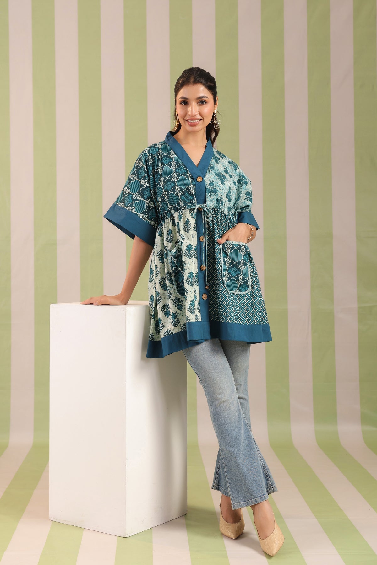 Teal Printed One Size Kaftan Top