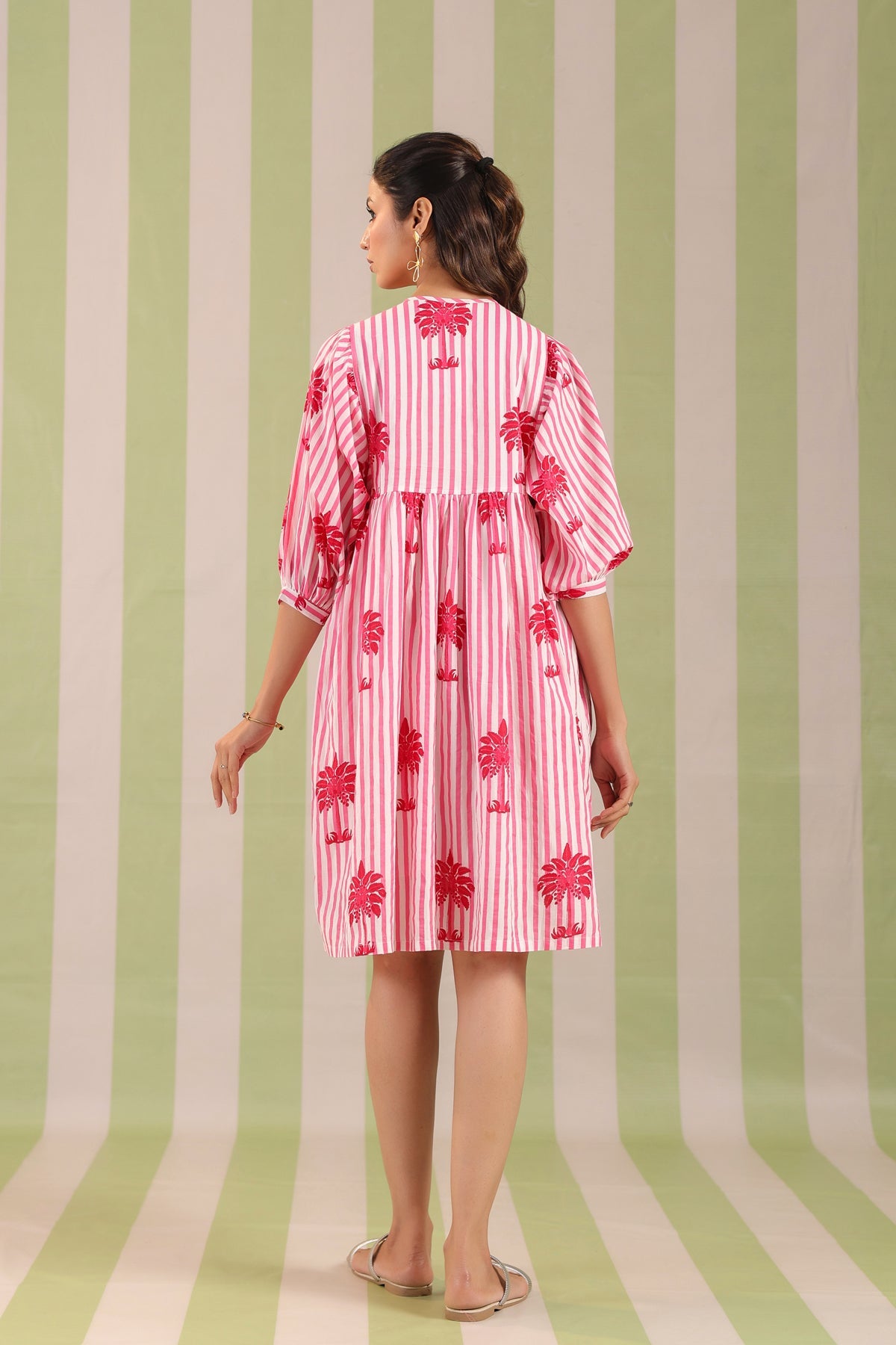 Pink Palm Printed Cotton Dress with Tie-up strings