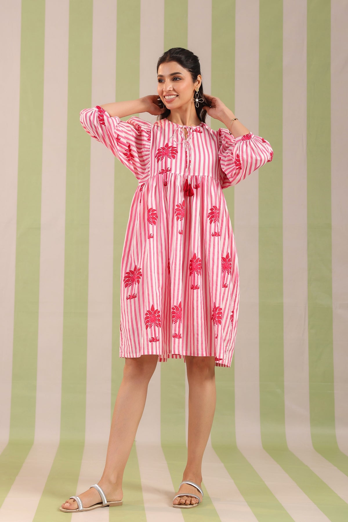 Pink Palm Printed Cotton Dress with Tie-up strings