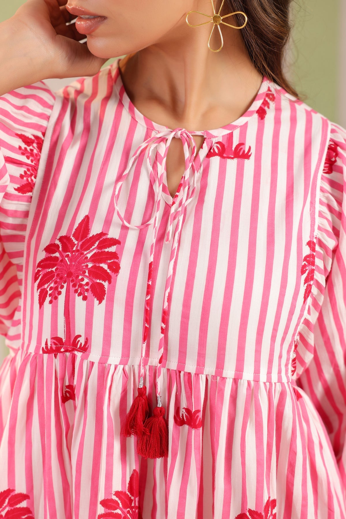 Pink Palm Printed Cotton Dress with Tie-up strings