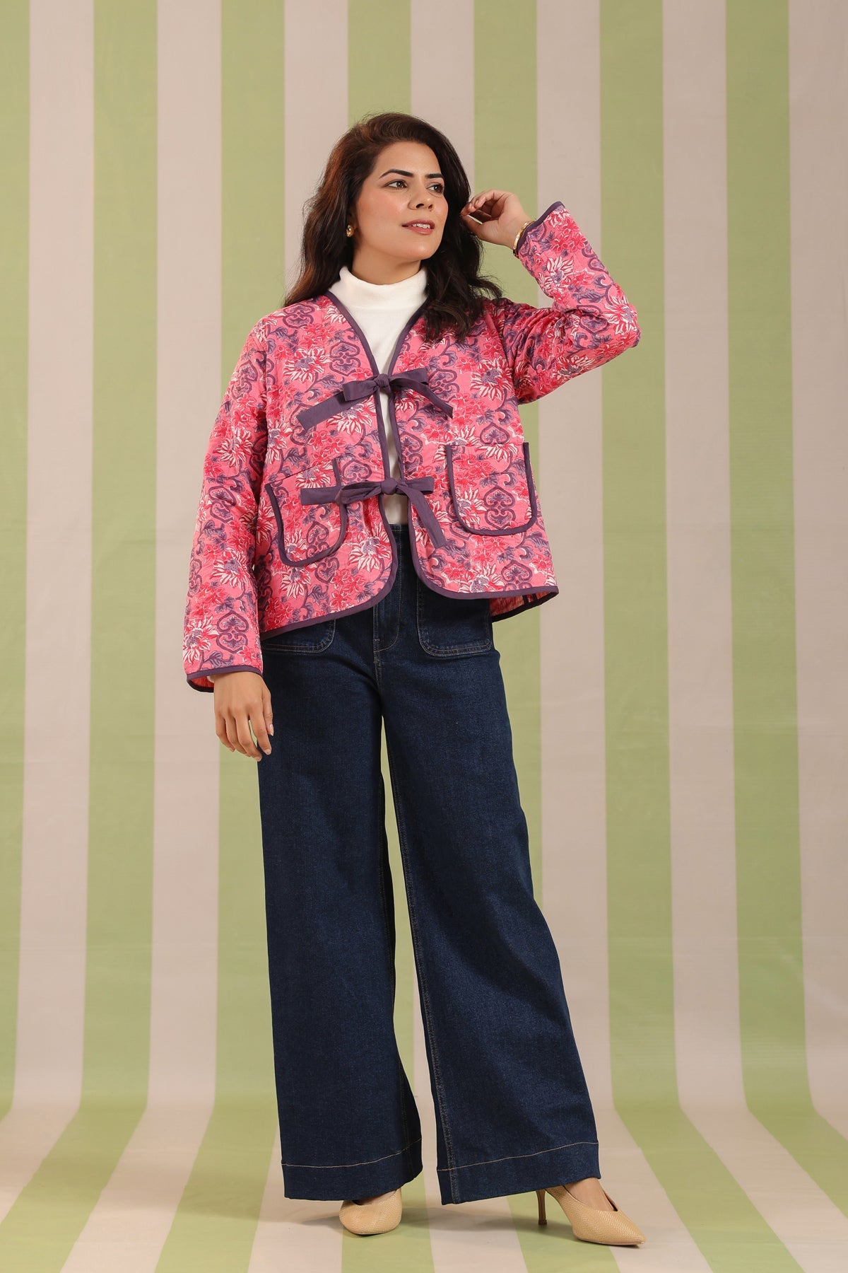 Light Pink Floral Free-Size Quilted Cotton Jacket