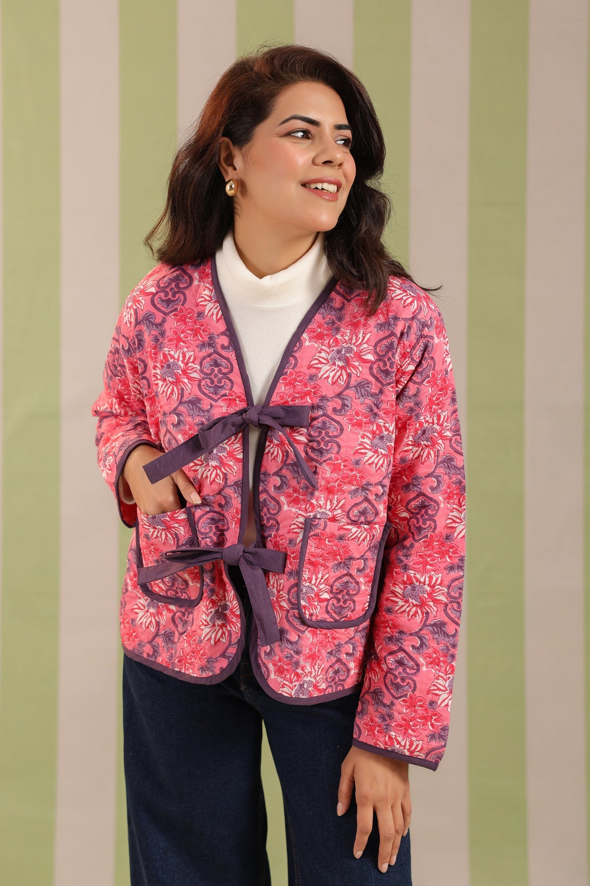 Light Pink Floral Free-Size Quilted Cotton Jacket