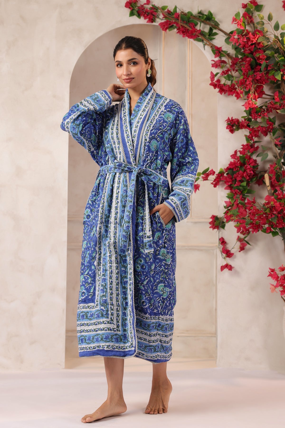 Anokhi Blue Printed Reversible Quilted Robes
