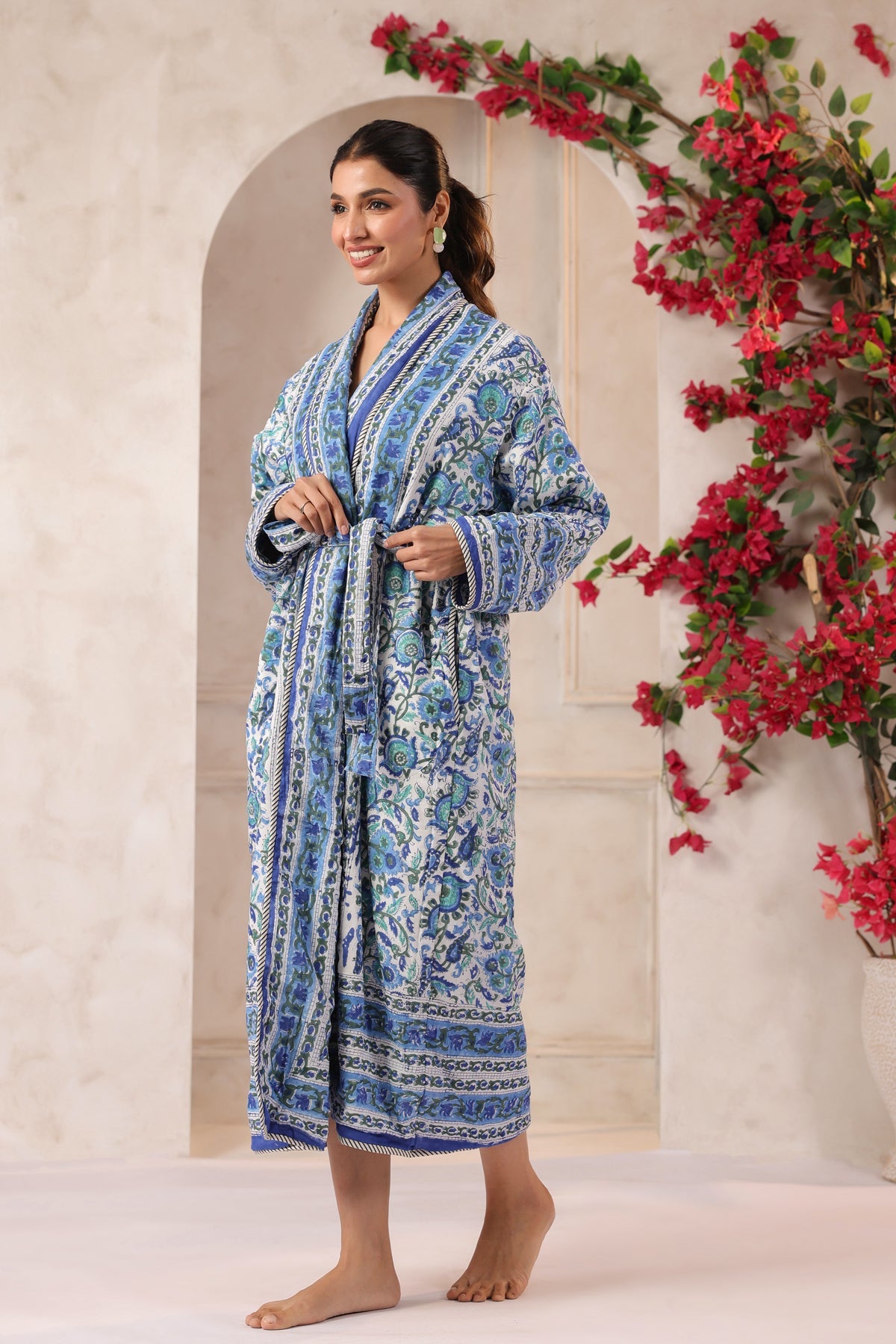 Anokhi Blue Printed Reversible Quilted Robes