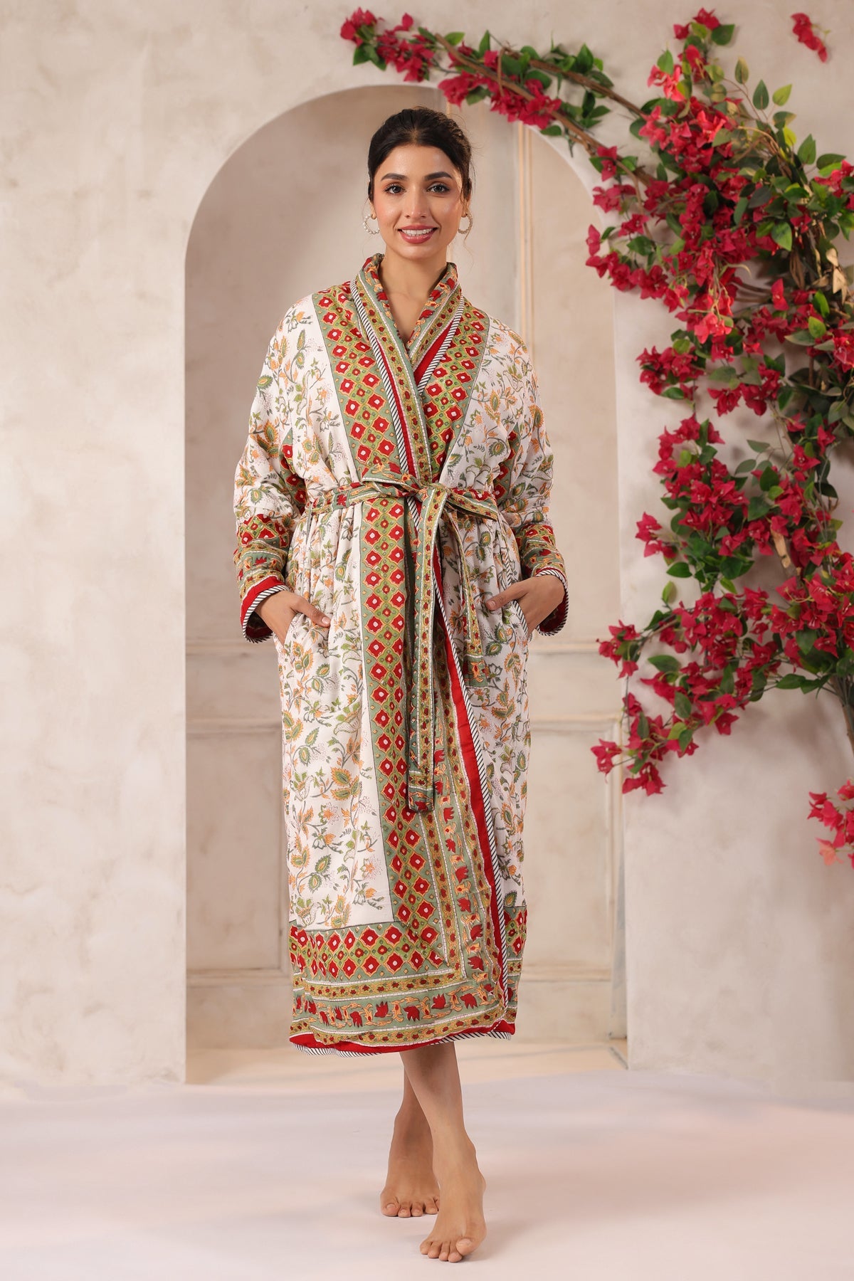 Red Agra Jaal Printed Reversible Quilted Robes