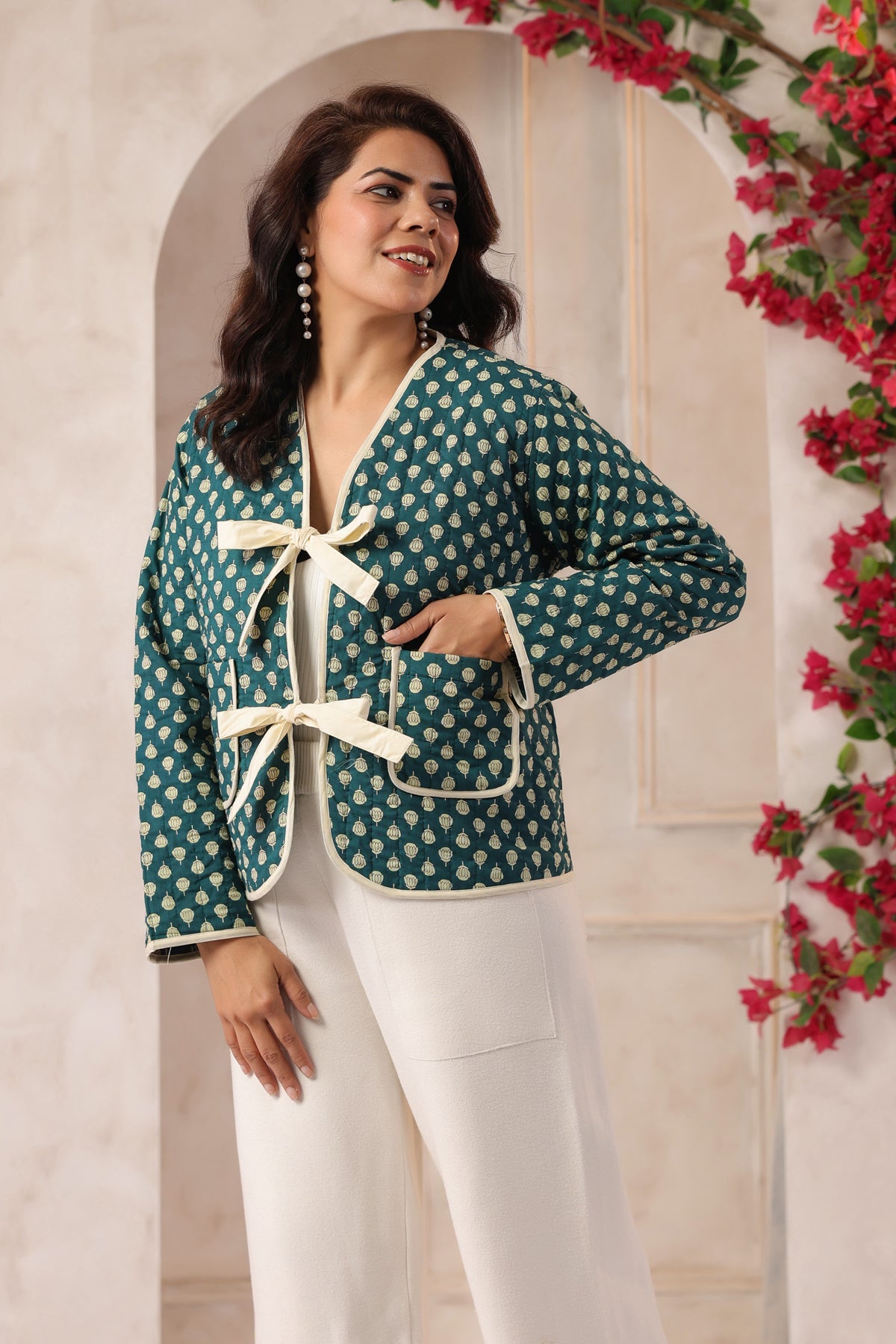 Green Booti Printed Free-Size Quilted Cotton Jacket