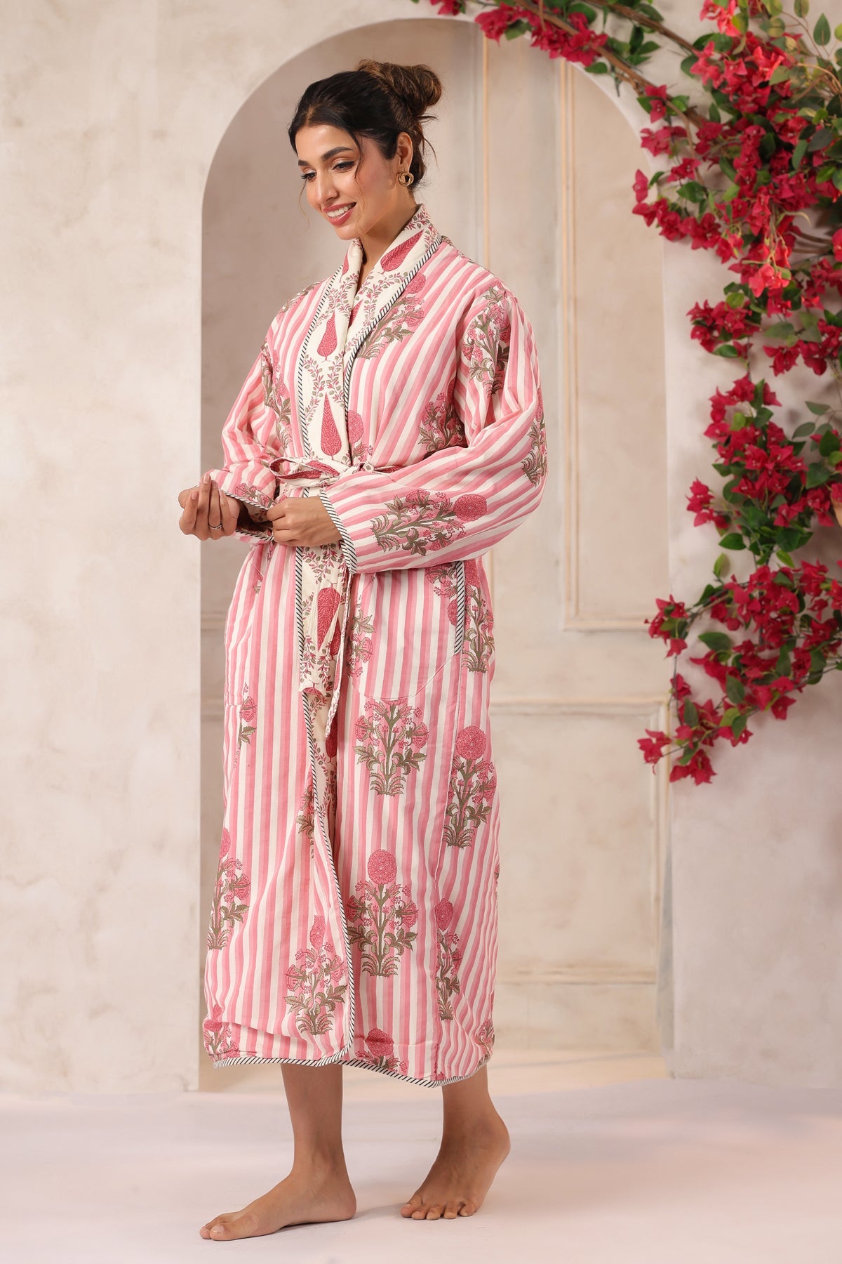 Pink Stripes Printed Reversible Quilted Robes