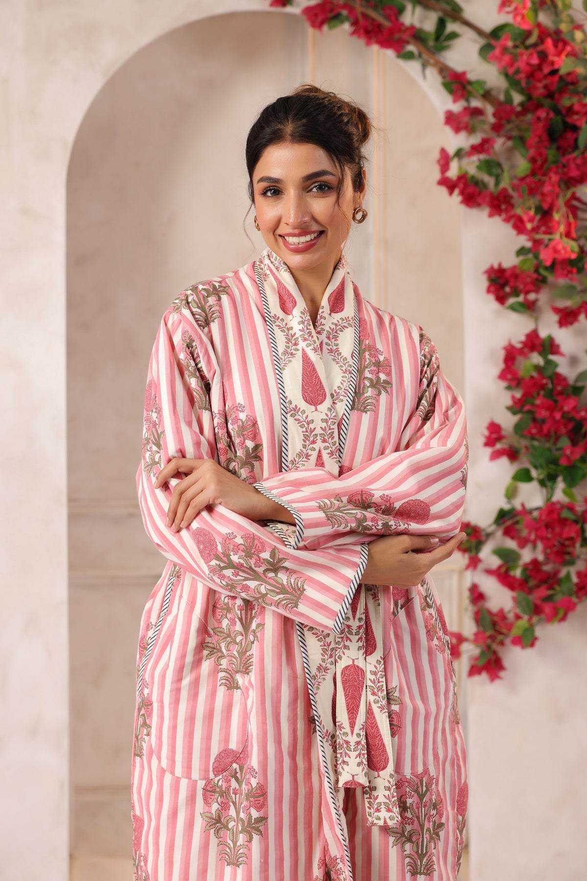 Pink Stripes Printed Reversible Quilted Robes