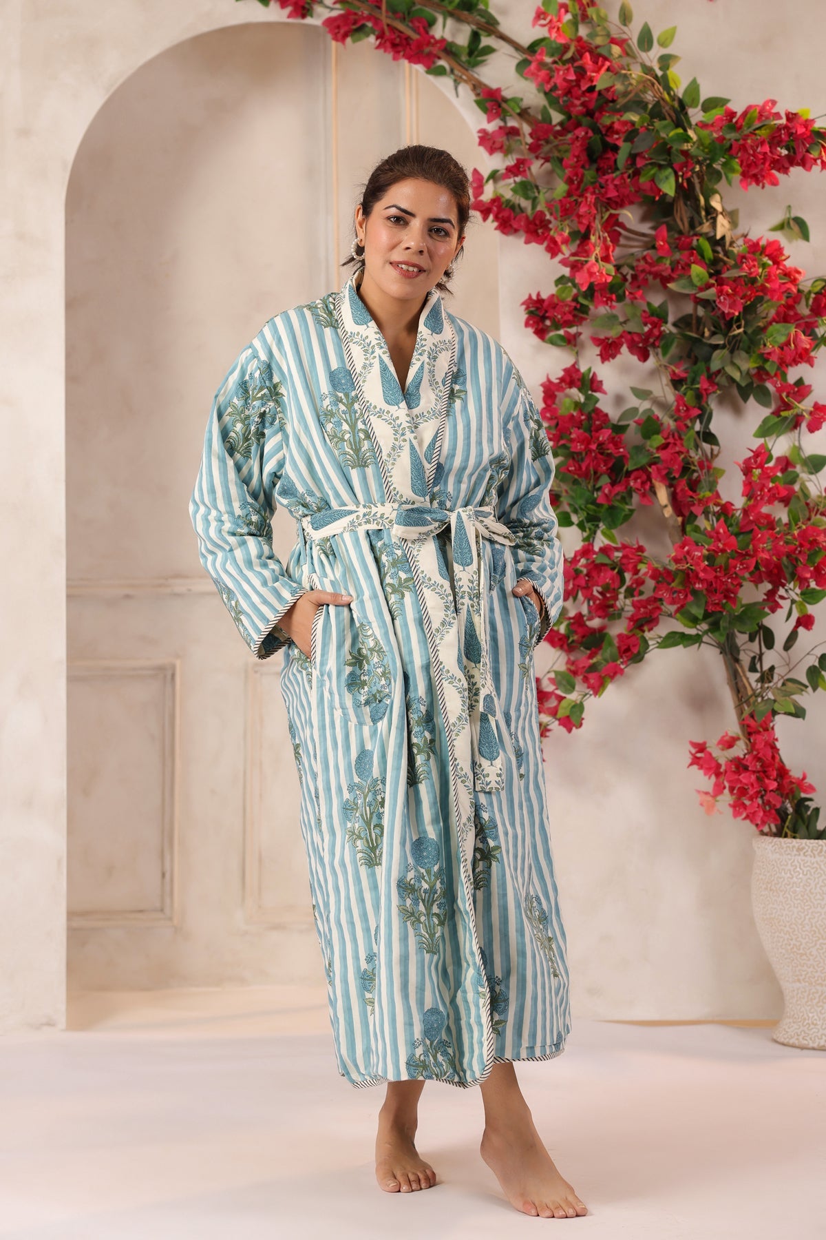 Blue Stripes Printed Reversible Quilted Robes
