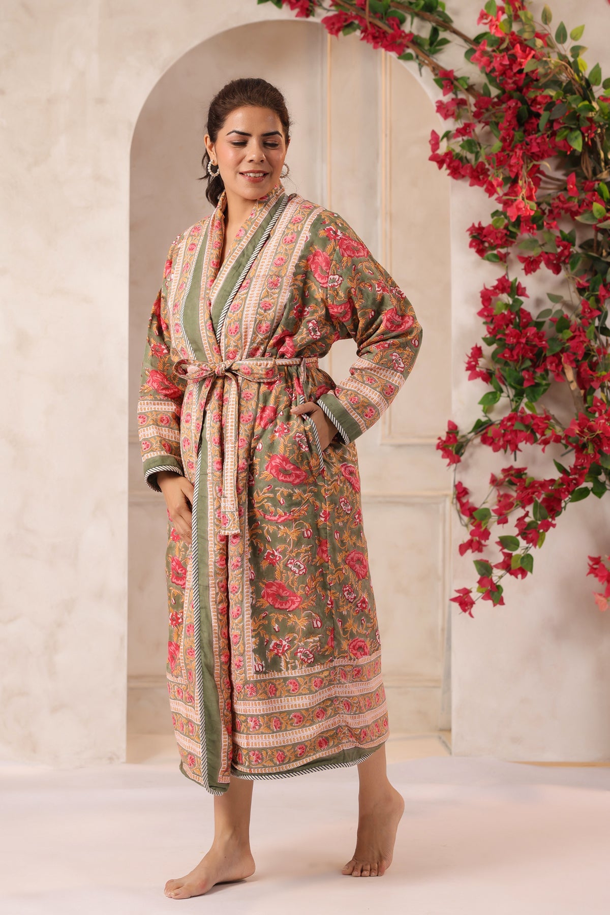 Green Floral Rose Printed Reversible Quilted Robes