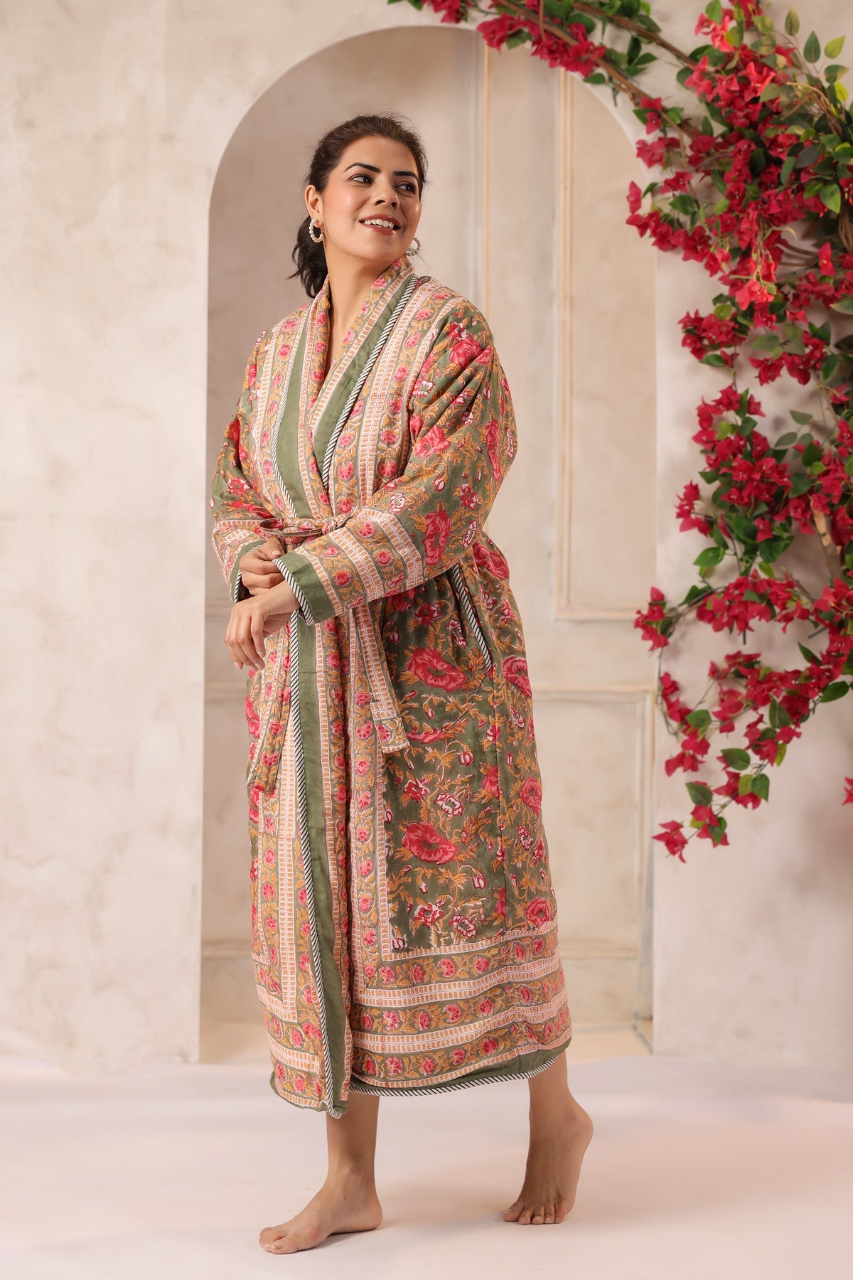 Green Floral Rose Printed Reversible Quilted Robes