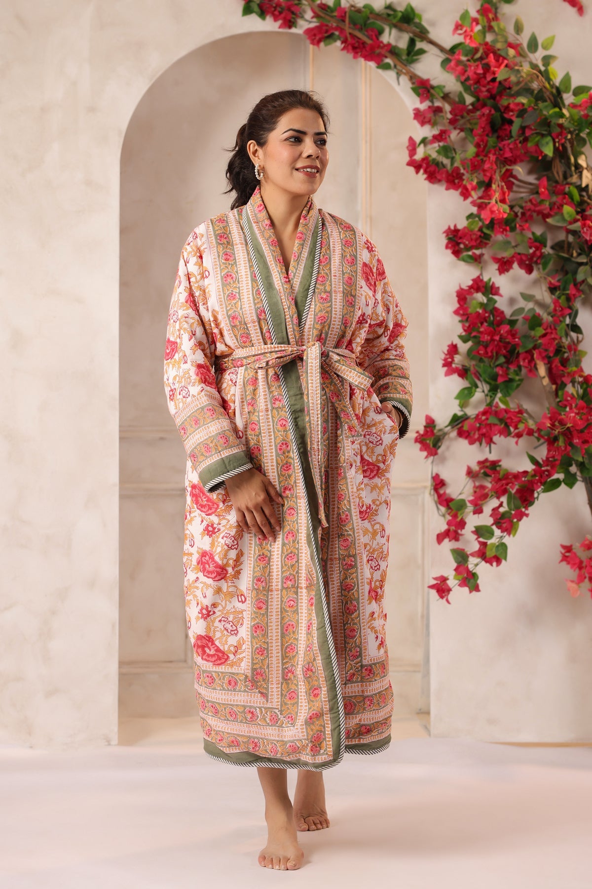 Green Floral Rose Printed Reversible Quilted Robes
