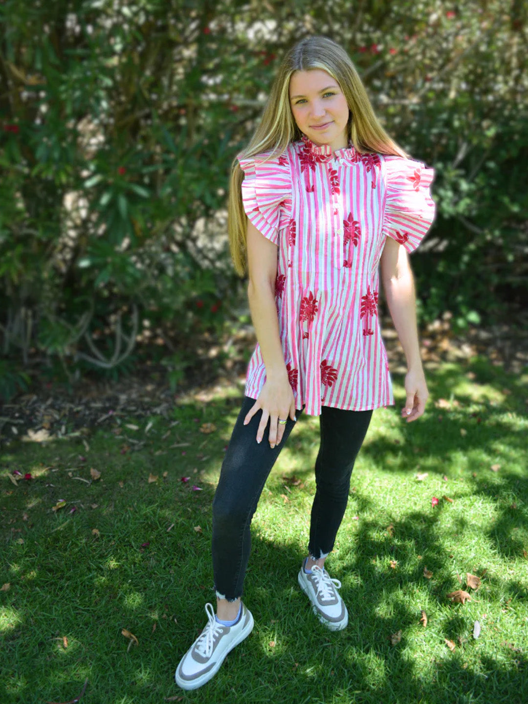 Ruffle Sleeve Top | Pink Palms