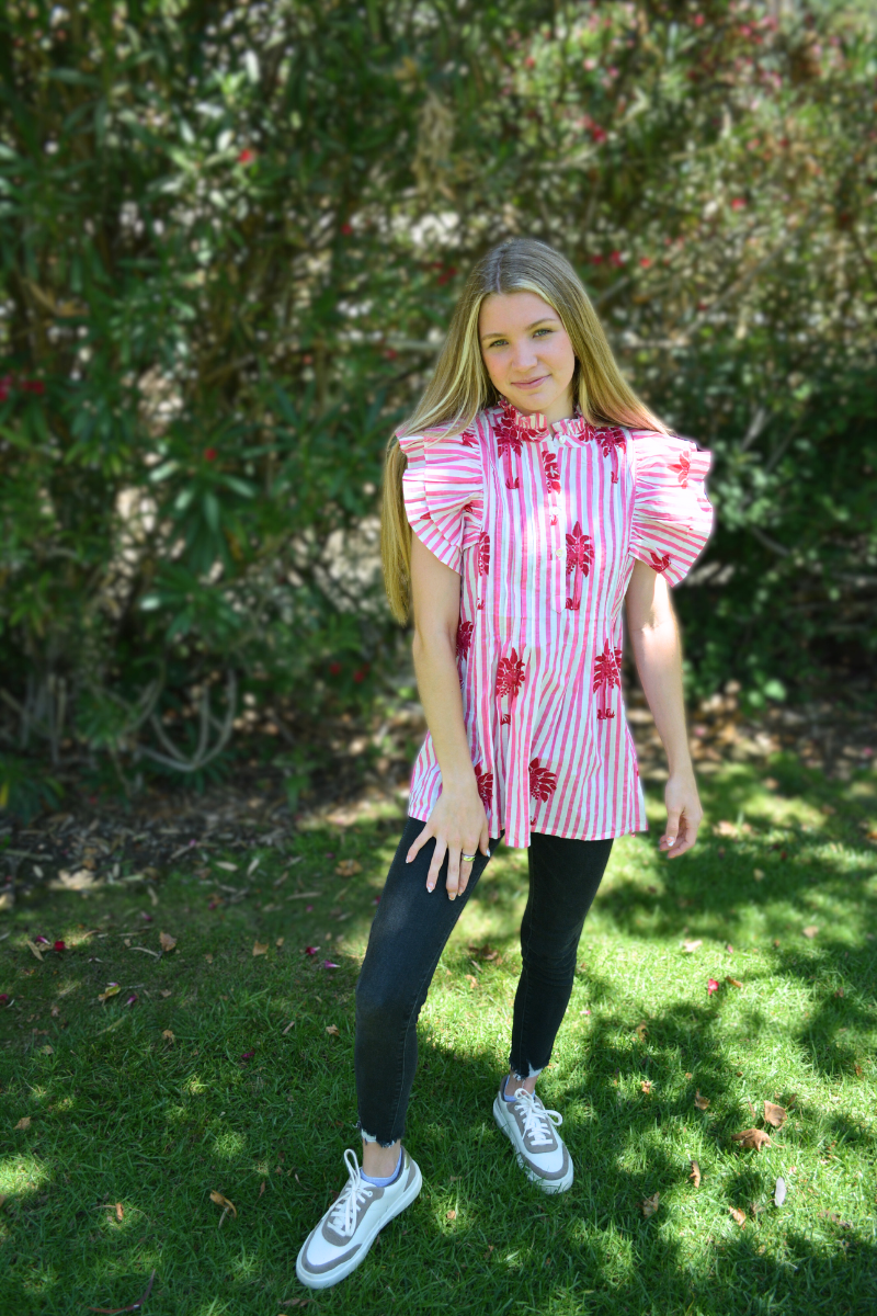 Ruffle Sleeve Top | Pink Palms