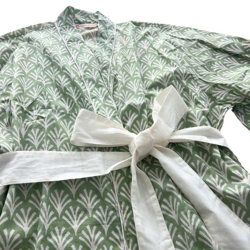 Block Print Cotton Robe | Soft Sage