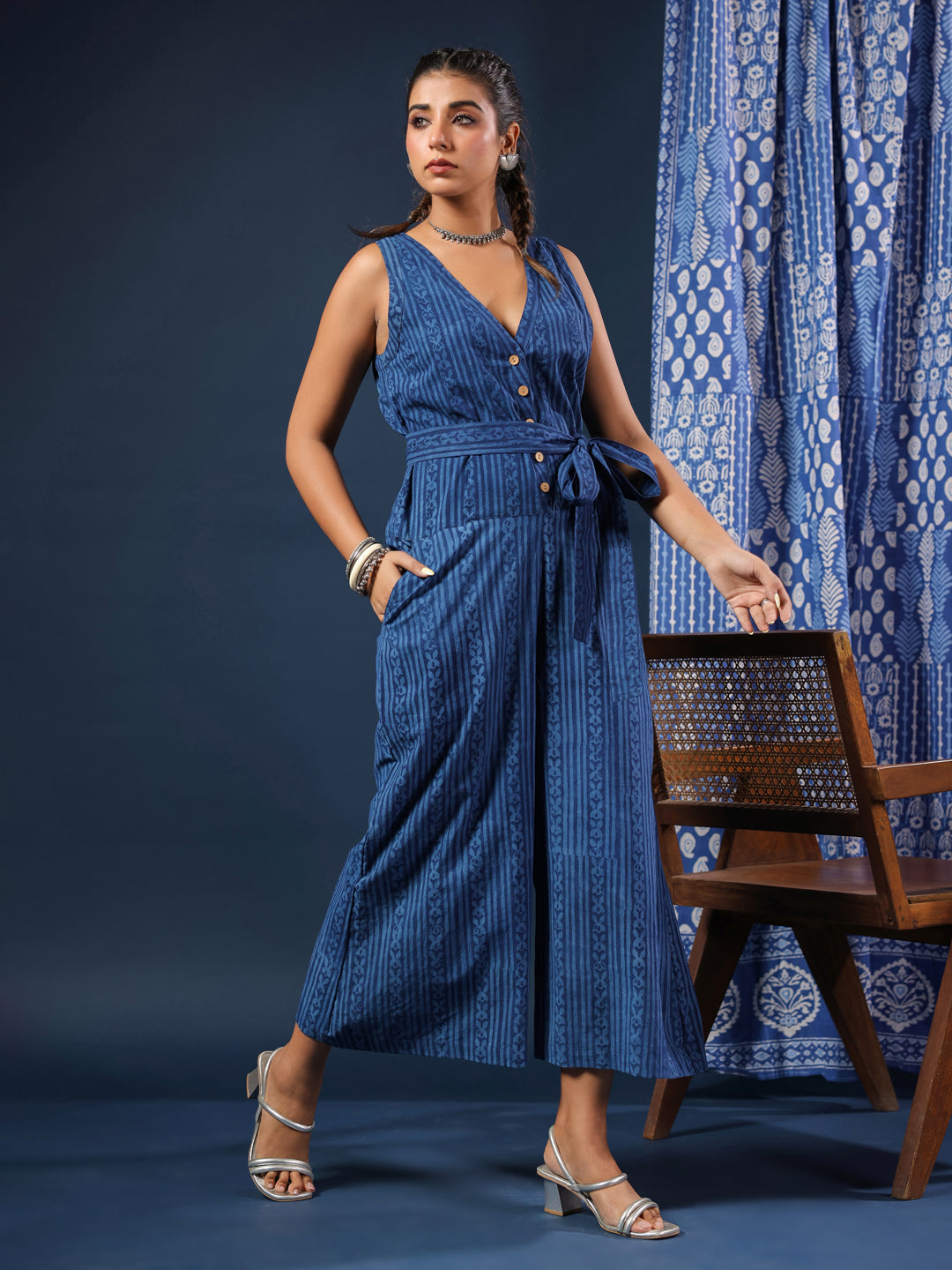 Indigo Breeze Handblock Cotton Jumpsuit