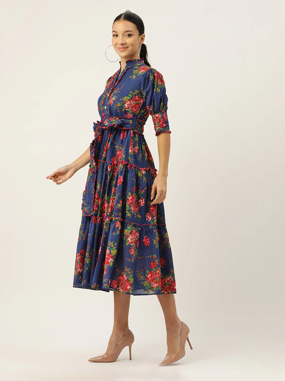 Blue Floral Print Puff Sleeve Fit & Flare Midi Dress