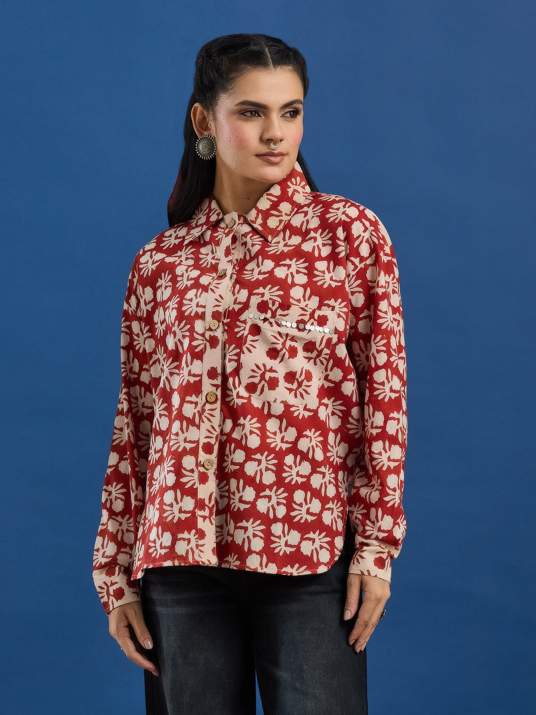 Maroon Bagru Printed Handblock Cotton Shirt