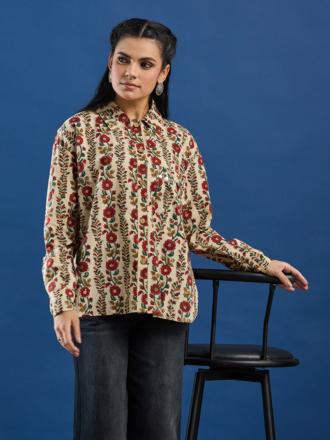 Cream Bagru Handblock Printed Lose Fit Cotton Shirt