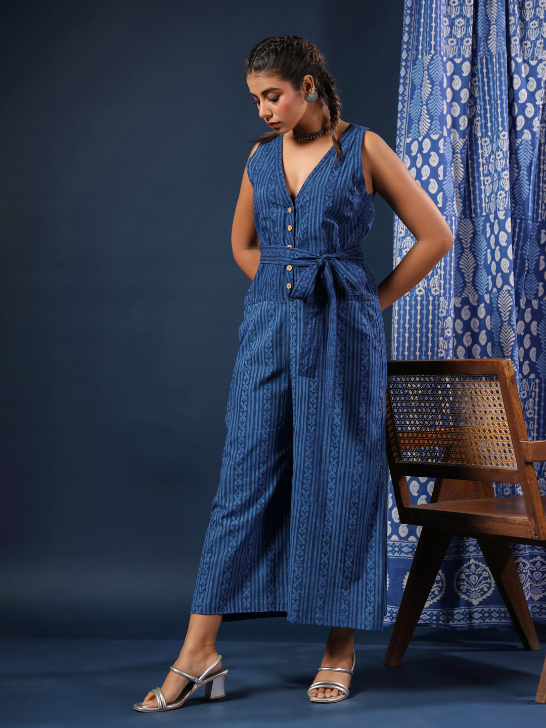 Indigo Breeze Handblock Cotton Jumpsuit