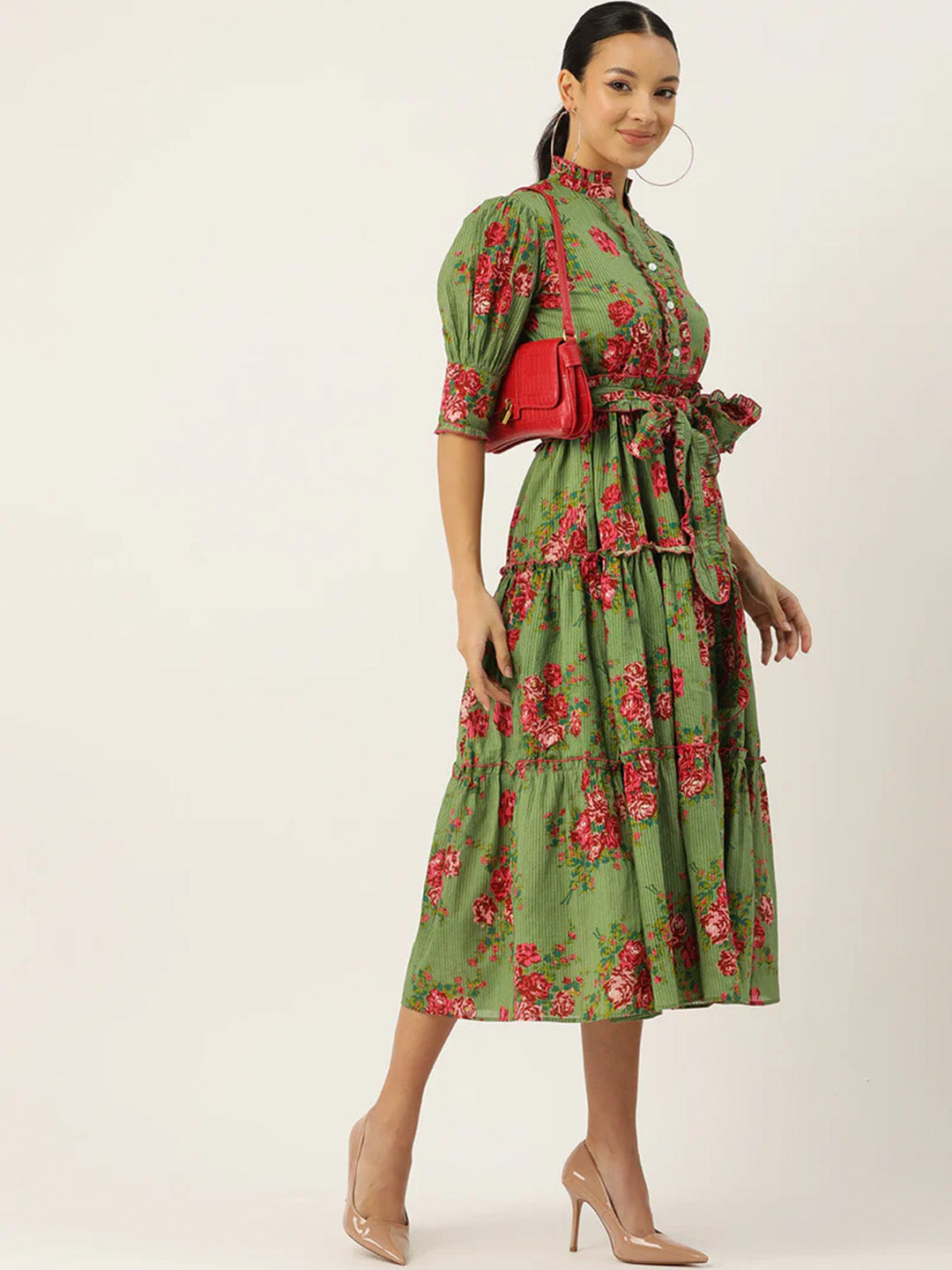 Green Floral Print Puff Sleeve Fit & Flare Midi Dress