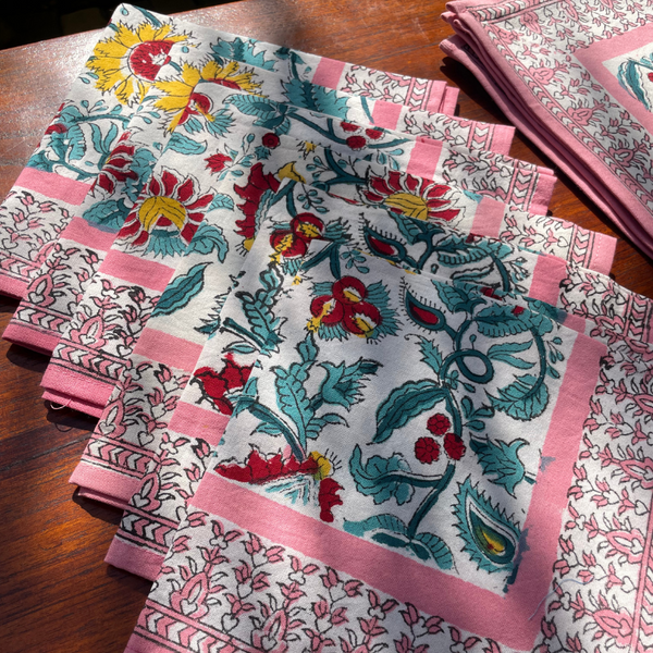 Block Print Placemat & Napkin Set | Pink Floral