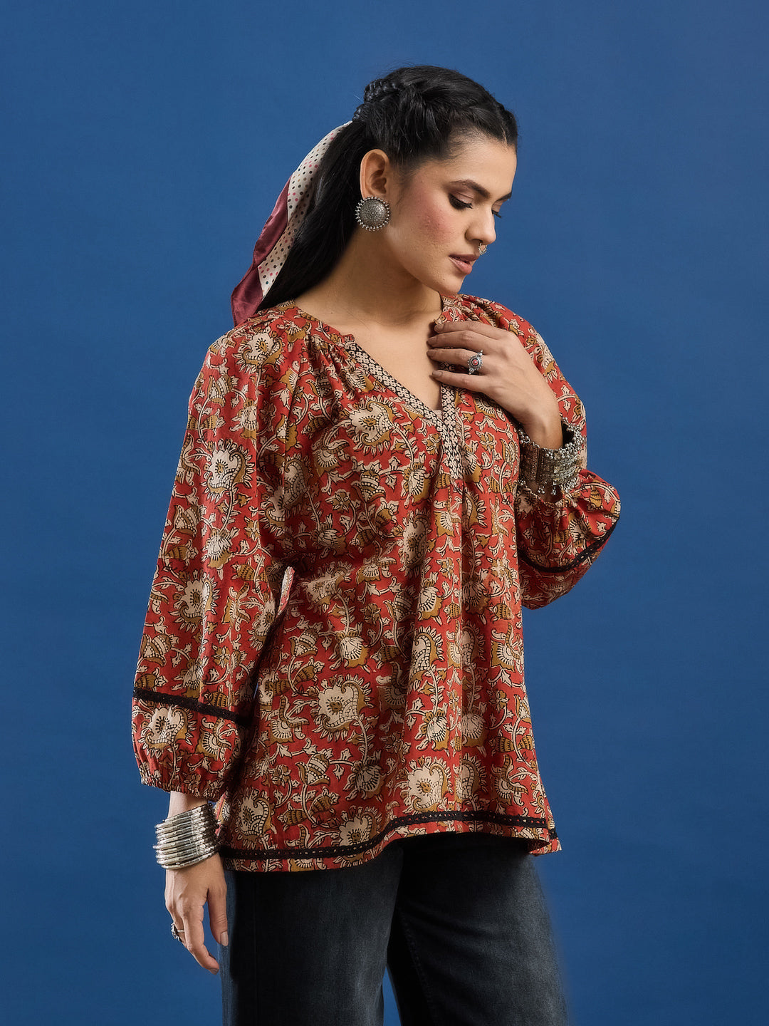 Red Floral Handblock Printed Cotton Top with Lace Detailing