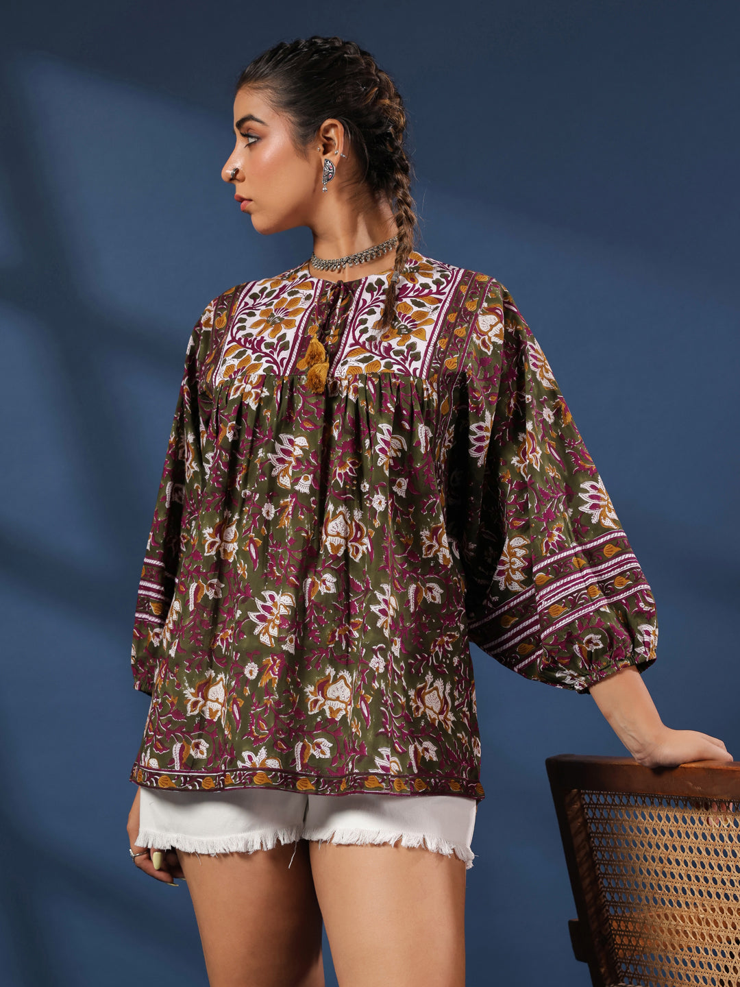 DarkGreen Handblock Printed Boho Volume Sleeves Top