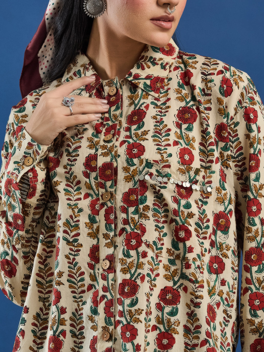 Cream Bagru Handblock Printed Lose Fit Cotton Shirt