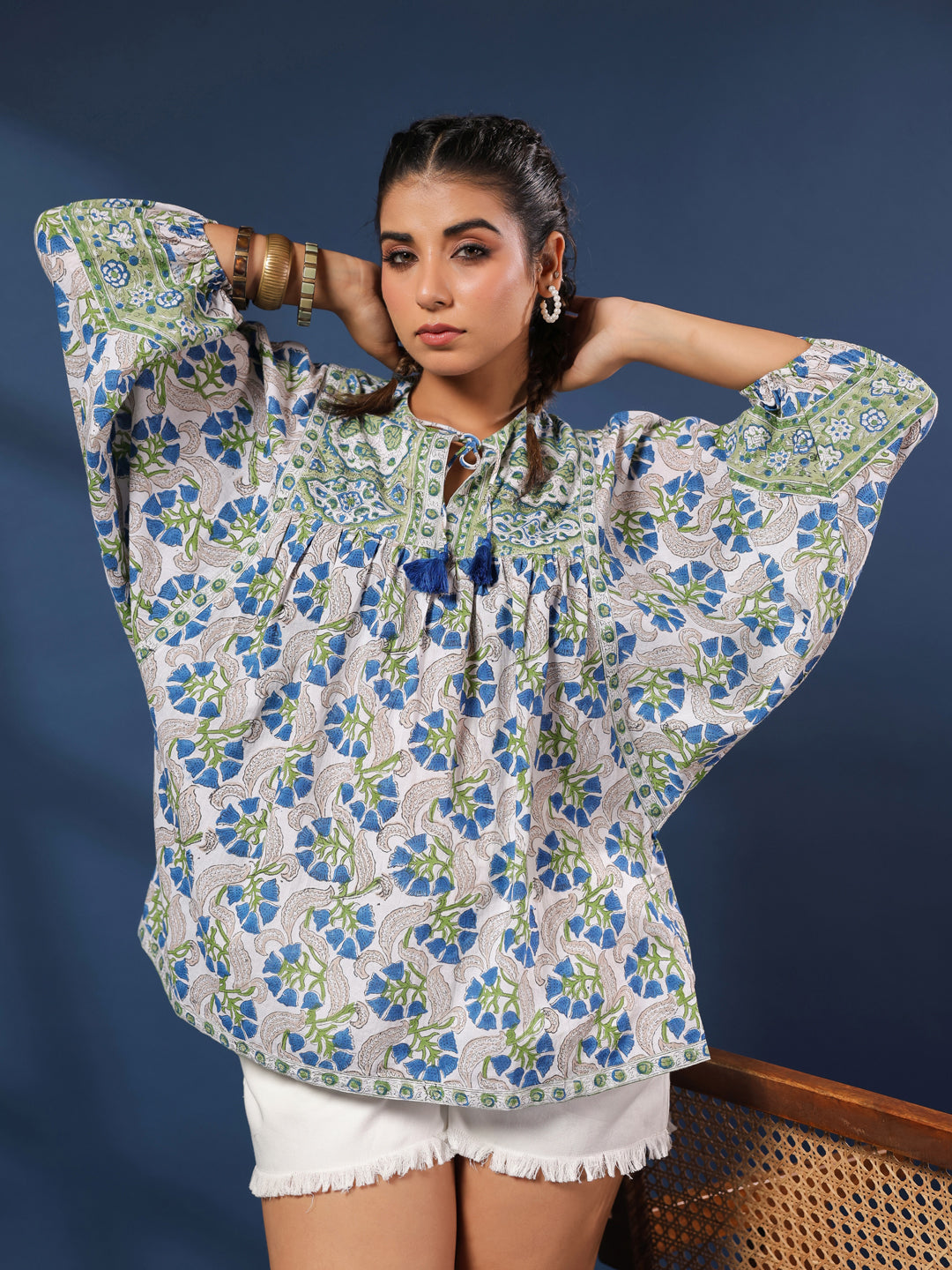 White and Green Handblock Printed Boho Volume Sleeves Top