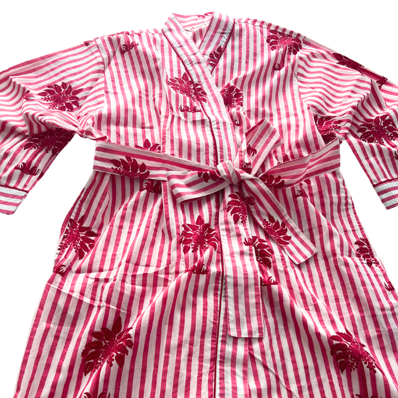 SECONDS | Block Print Cotton Robe | Pink Palms | No Beltloops