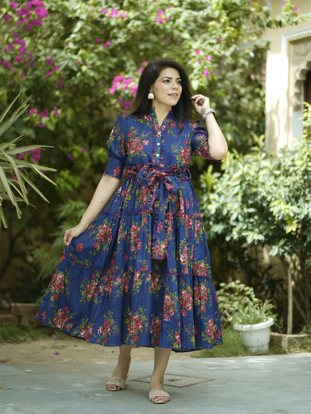 Blue Floral Print Puff Sleeve Fit & Flare Midi Dress