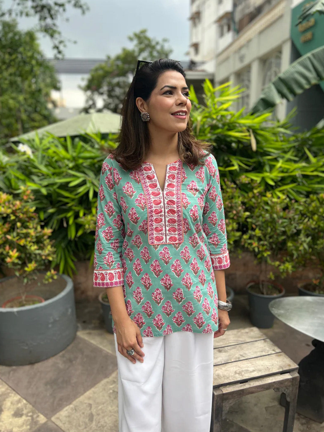 Sea Green Printed Sequinned Pure Cotton Kurti