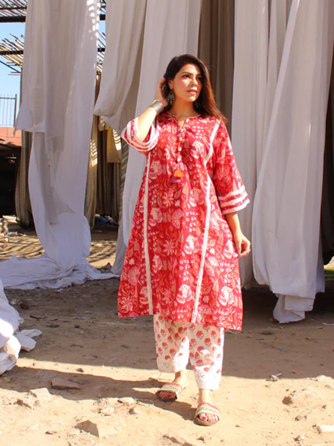 Red Handblock Printed Afghani Chogha and Salwar