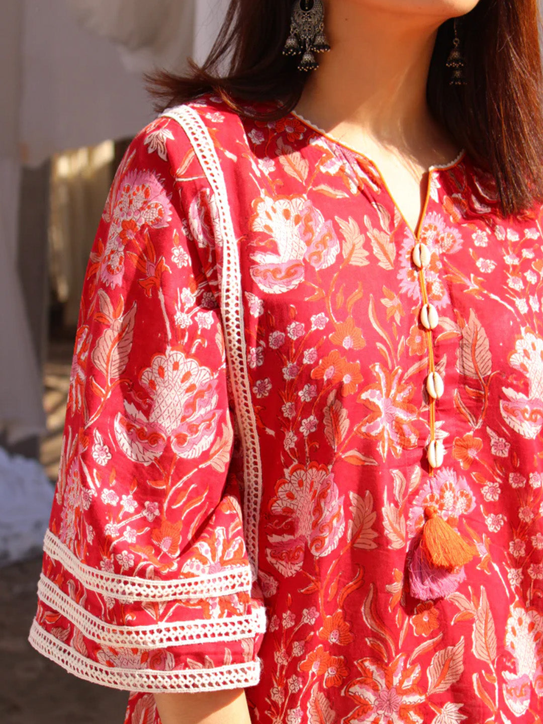 Red Handblock Printed Afghani Chogha and Salwar