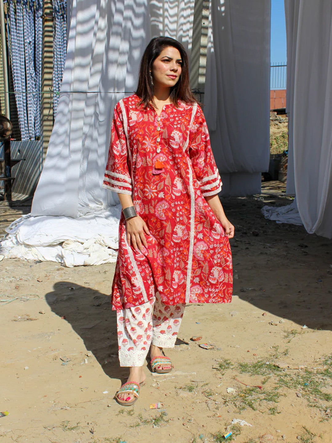 Red Handblock Printed Afghani Chogha and Salwar